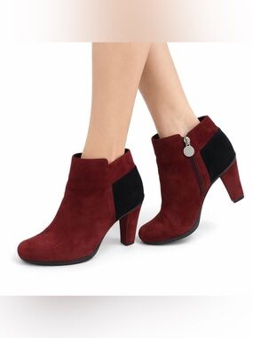 Geox Heeled Ankle Boots Suede Side Zipper Burgundy & Black Sz 38.5